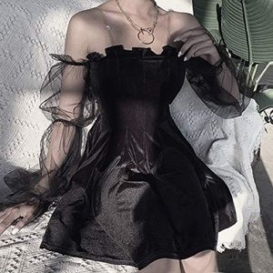 Goth Lolita Black Empire-Waist Pleated Chic Dress Mesh Long Sleeve Cami Dresses